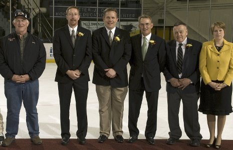 The 2009 Hall of Fame inductees (left to right): Ron Ray, Chris Klaes, Dave Fischer, Herb Boxer, Don Boldt, Athletic Director Suzanne Sanregret