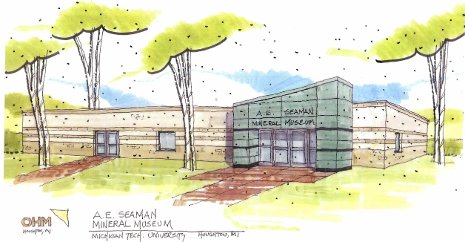 Artist's rendering of the new Seaman Mineral Museum. OHM drawing.