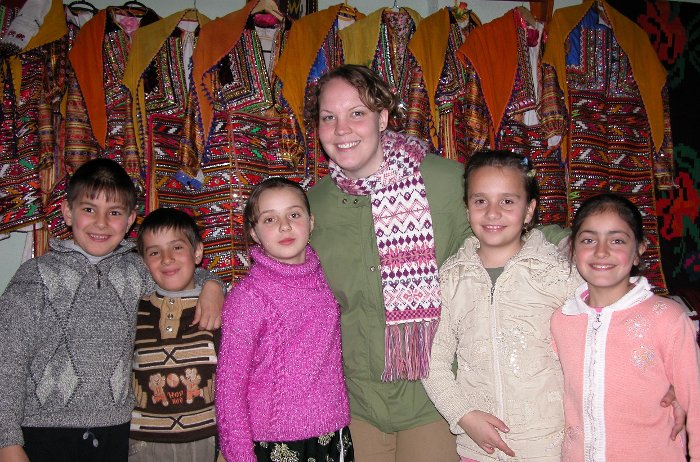 Callie Bertsch with school children in a Muslim village in Bulgaria.