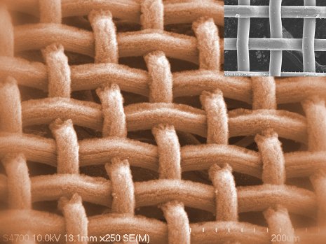 A scanning electron microscopy image of the carbon nanotube-coated filter. For comparison, the inset is bare  stainless steel mesh.