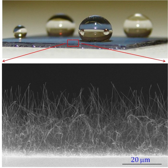 Water droplets sit atop boron nitride nanotubes without wetting the sample.
