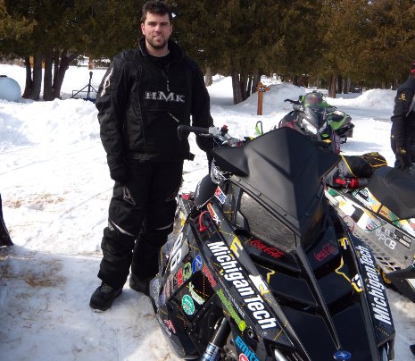 Dylan Truskolaski of Michigan Tech, at the end of the 2012 SAE Clean Snowmobile Challenge Endurance Run
