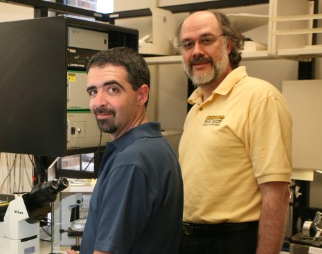 With PhD student Ezequiel Medici,  Jeffrey Allen, right, has created a mathematical model that can predict the flow of water inside a hydrogen fuel cell.