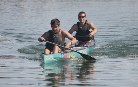 Michigan Tech team members Chris Droste, in front, and John Laureto paddle  in the 2012 ASCE National Concrete Canoe Competition. ASCE photo