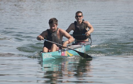 2012 Concrete Canoe Michigan Tech team members Chris Droste, in front, and John Laureto paddle in the 2012 ASCE National Concrete Canoe Competition. ASCE photo