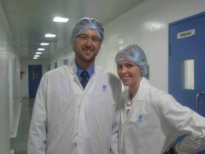 MBA students Mike Vigrass and Holly Lehto at the pharmaceutical company Micro Labs Ltd. during their residency in Bangalore.