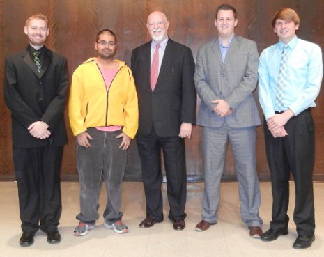 Bob Mark Elevator Pitch Competition Winners of the competition: Thomas Daunais, 2nd place; Abhi Kantamneni, 1st place; SBE Dean Gene Klippel; Nick Laurila, 3rd place; Josh Krugh, 3rd place. Missing: Jacob Bray, 3rd place.
