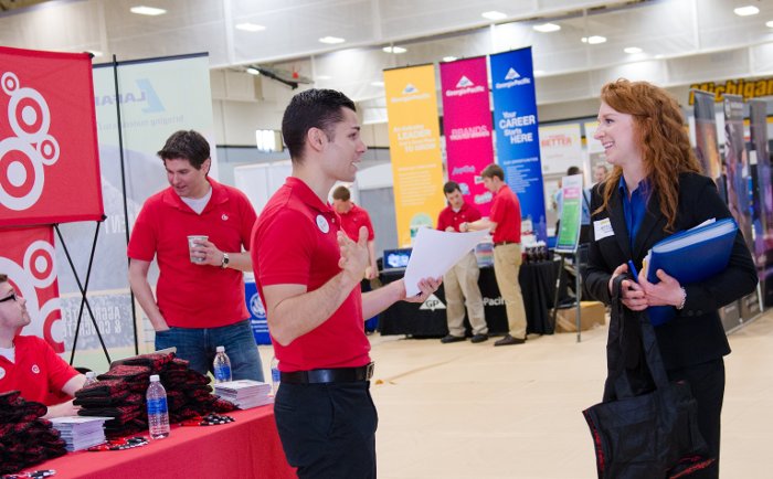 Students get to meet and talk with potential employers at Michigan Tech's Spring Career Fair.