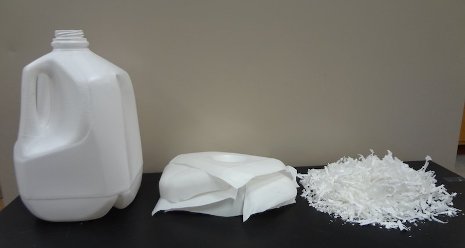 Joshua Pearce's group cleans plastic milk jugs, removes the labels and shreds them into plastic before turning them into plastic filament for 3D printers.