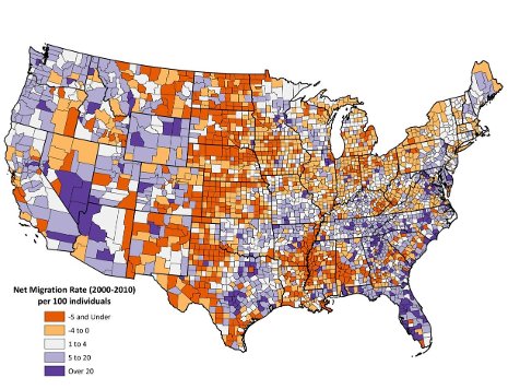 Population Migration Research County-by-county map of the US showing changes over a decade.
