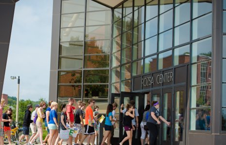 New students get a look at the Rozsa Center for Performing Arts.