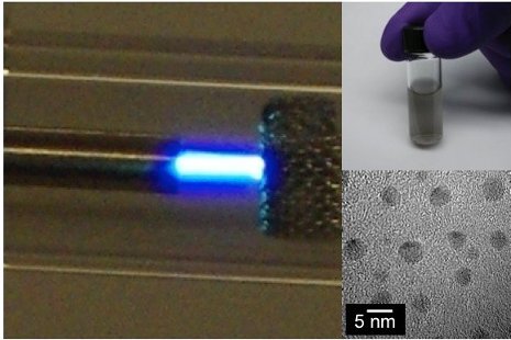 Clockwise, microplasma dissociates ethanol vapor, carbon particles are collected and dispersed in solution, and an electron microscope image reveals nanosized diamond particles. Case Western Reserve University image