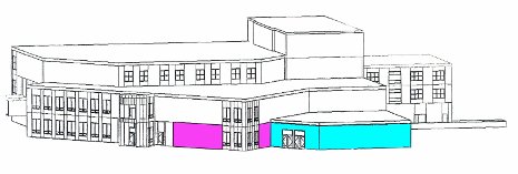An artist's rendering of the planned John Edgar McAllister Welcome Center at the Memorial  Union Building. The current Peninsula Room (in pink) will be renovated and an addition (in blue) will be built.