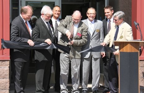 Cutting the ribbon at the new physical therapy doctoral program facilities at the ATDC. From the left, Chris Ingersoll, Michael Gealt, Herm Treizenberg, Peter Loubert, Max Seel, Jason Carter and Bruce Seely.