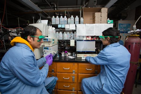 Members of Shiyue Fang's research team in his lab at Michigan Tech, where they developed a better process to purify peptides and other biomolecules.