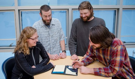 GK12 Fellows Graduate students Lindsey Watch, Cameron Goble, Tony Mathys and Luke Bowman are learning to communicate science to school children and the public.