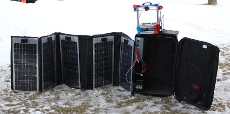 The ultra-portable solar-powered RepRap (Fold-a-Rap) deployed in winter.  Photo: Debbie King.