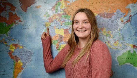 Kaila Pietila points to Malaga, in southern Spain, where she will be studying.