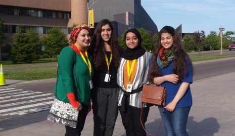 Sara Abdulamalek, Dania Al Nahdi, Razan Al-Haddad, and Yazmeen Jassim on campus.