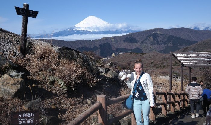 Sasha Burnett on a trail in front of Mt. Fuji in Hakone, Japan.