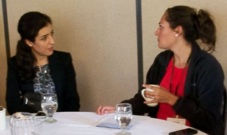 Maryam Khaksari, left, and Andrea Bouman chat during a break at the Keweenaw Medical Conference, Aug. 29. Khaksari, a Michigan Tech PhD student, was presenting at the conference. Bouman a Tech Alumna was attending as a 4th-year medical student.