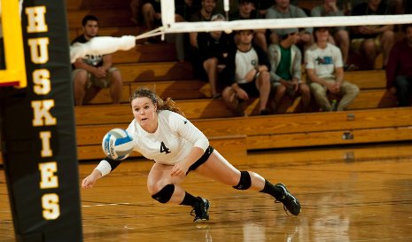 Jacqueline Aird dives for a dig during Tech's 3-0 win over Lake Superior State Sept. 18. Aird, with 1,497 career digs, is closing in on Tech's all-time record of 1,577. 