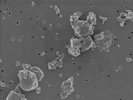 Black carbon mixes with other atmospheric particles, which complicates how it interacts with sunlight. This microscopic image was taken in Michigan Tech's atmospheric science lab. 