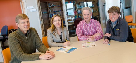 From left, Jonathan Leinonen, Adrienne Minerick, John Diebel and Megan Frost are seen in the M&M Building on the Michigan Tech Campus. Startup companies by Minerick and Frost have recently signed commercial licensing agreements, which University officials say represent important commercialization milestones.