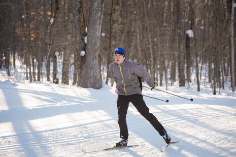Person cross country skiing through the woods.