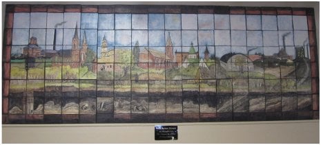 This clay mural of the Calumet community landscape was created by local artist Barbara Flanagin, in consultation with Ed Gray of the Calumet Art Center. This piece of work commissioned by Calumet Township Supervisor Paul Lehto is on display at Calumet Township Hall.