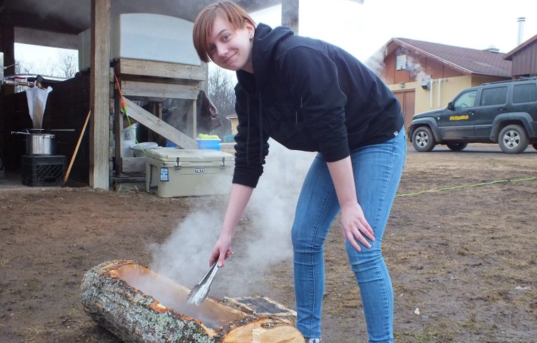 Traditional maple syrup boil In the Native American tradition, heated rocks are used to bring sap to the boiling point in a hollowed-out maple log.