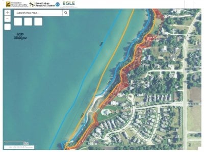 A map depicting the shoreline near Benton Harbor upon which are overlaid lines which show how the shoreline has changed since 1938.