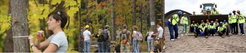 Collage image showing students in the woods and on a construction site.