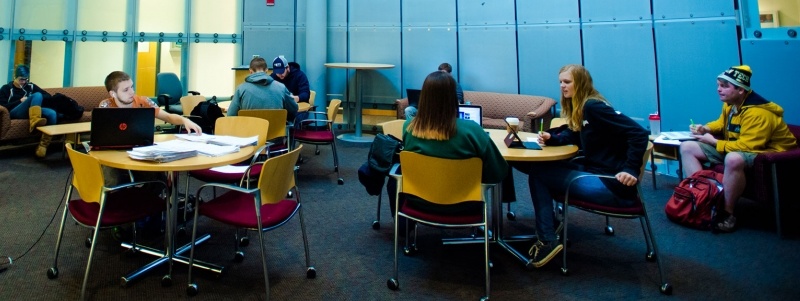 Students in a study area in Rekhi Hall.