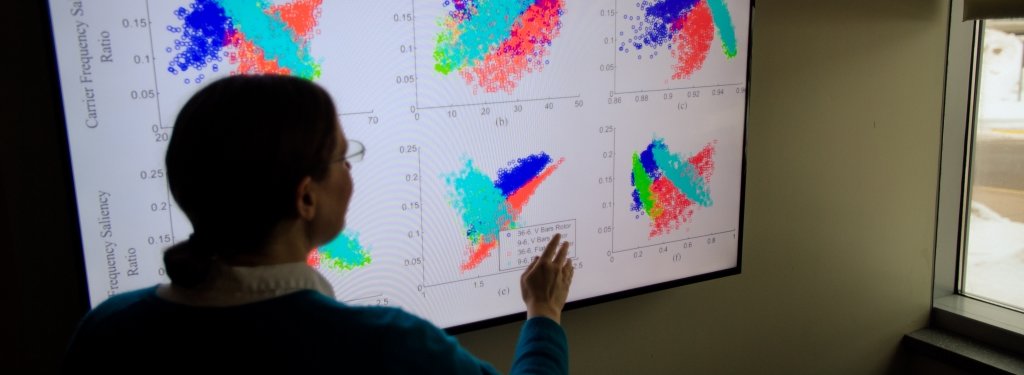 Faculty standing in front of a monitor pointing to a grid of charts.