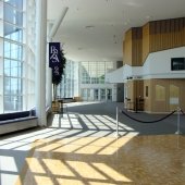 Lobby looking south towards campus with view of the box office