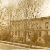 Historic photo of the Michigan College of Mines Administration Building, now called the Academic Office Building.