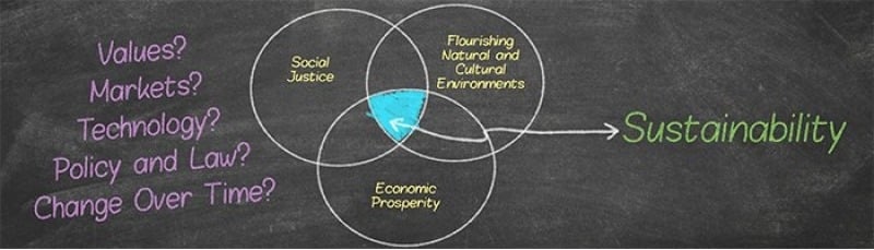 Diagram showing how social justice, economic prosperity, and flourishing natural and cultural environments lead to sustainability.