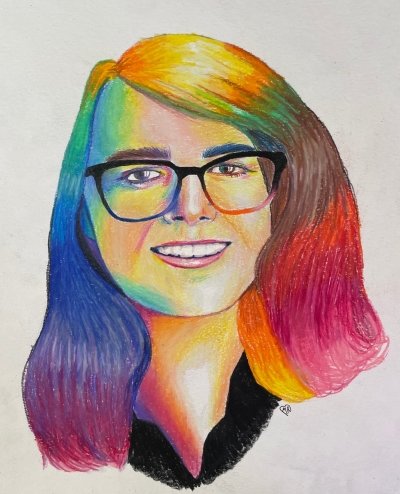 A young woman, Charlotte Jenkins, in a line drawing with rainbow colored hair, glasses, and a smilte.