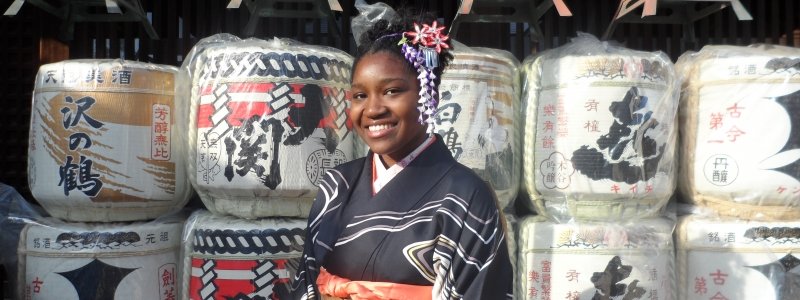 Study abroad student dressed in traditional japanese kimino in japan