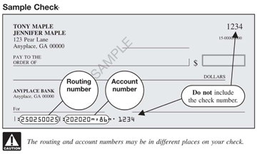 Sample check with routing and account numbers circled.