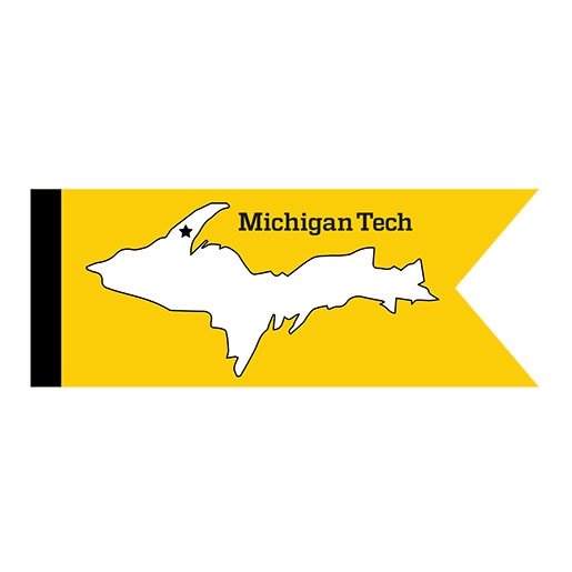 An illustration of a flag with Michigan Tech's location marked on the upper peninsula