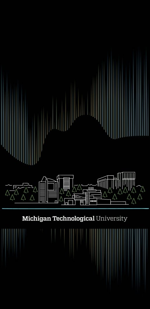 Black background with an illustration of the Northern Lights over the Michigan Tech campus
