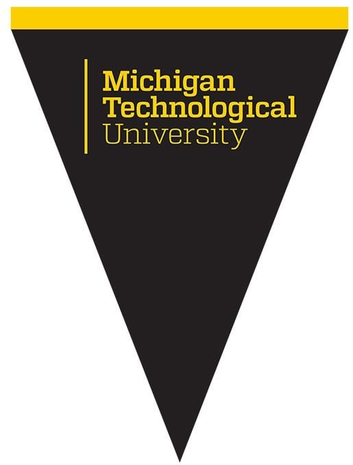 Pennant with the Michigan Technological University logo on a black background
