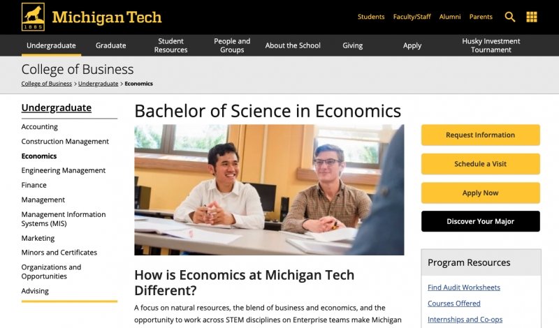 Screen shot of the BS in Economics webpage.
