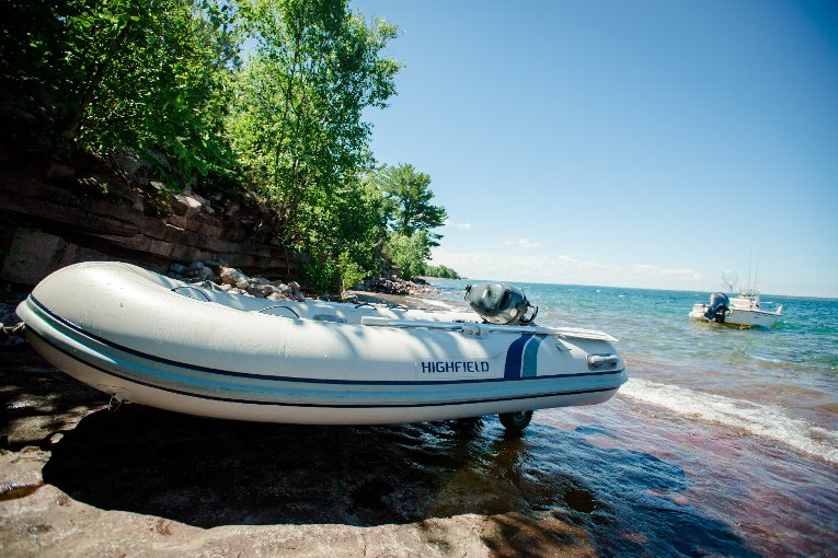 An inflatable dinghy stowed out of reach of the waves serves for short junkets. A 17-foot Boston Whaler attached to a permanent mooring is used for the four-mile trip to the mainland. On rough days, inhabitants are marooned until the weather clears.