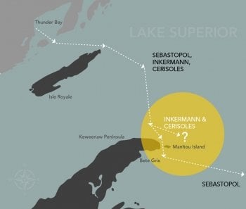 map of lake superior indicating Thunder Bay, Keweenaw Peninsula, and three ships, the Cerisoles, Inkerman and Sebastapole on a path marked with dotted lines and arrows pointing east with a circle indicating where the vessels were last seen.
