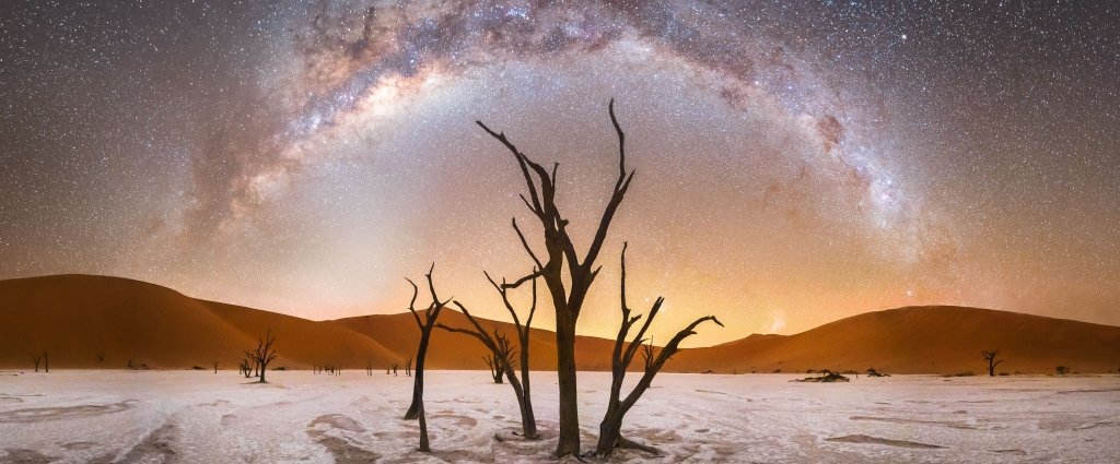 Milky Way over Deadvlei in Namibia. What planet is this? It is the only planet currently known to have trees. The trees in Deadvlei, though, have been dead for over 500 years. Located in Namib-Naukluft Park in Namibia (Earth), saplings grew after rainfall caused a local river to overflow, but died after sand dunes shifted to section off the river. High above and far in the distance, the band of our Milky Way Galaxy forms an arch over a large stalk in this well-timed composite image. Image Credit