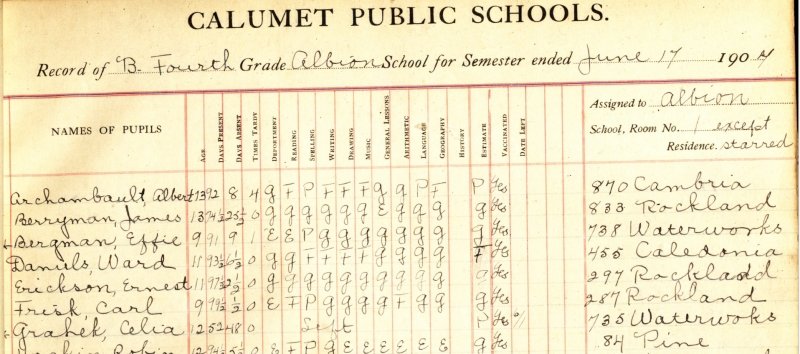 An image of Calumet school records from 1904.