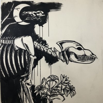an ink drawing of a dinosaur skeleton with flowers